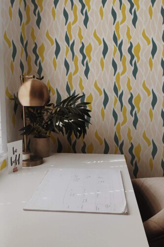 Rustic style home office decorated with Abstract leaves peel and stick wallpaper