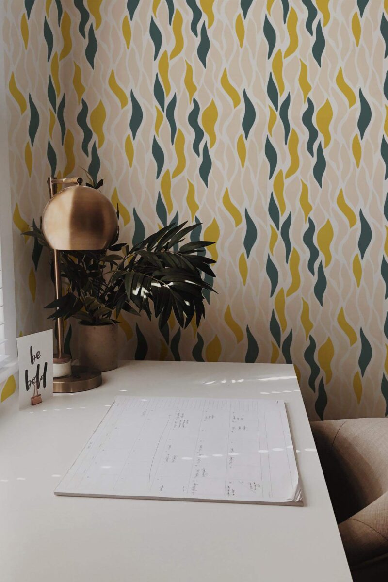 Rustic style home office decorated with Abstract leaves peel and stick wallpaper