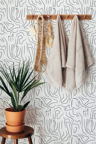 Boho style bathroom decorated with Abstract linework wallpaper peel and stick wallpaper