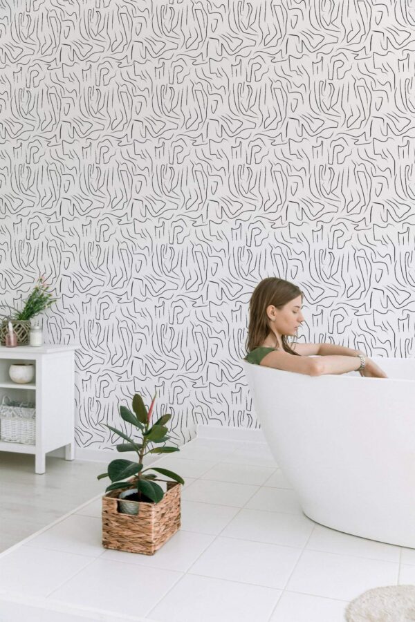 Minimal style bathroom decorated with Abstract linework wallpaper peel and stick wallpaper