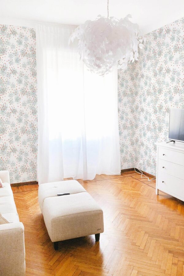 Modern boho style living room decorated with Abstract mess peel and stick wallpaper