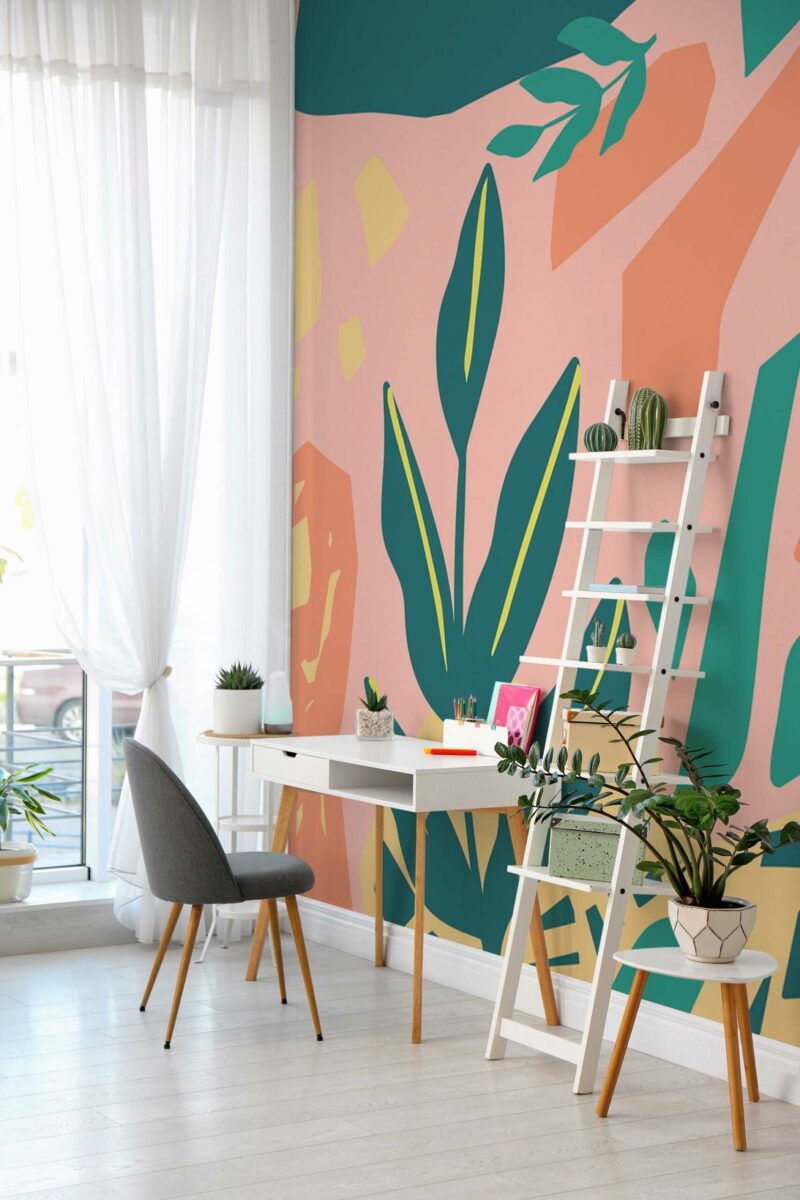 Bold Abstract Office Wall Mural with green tropical leaf patterns on a soft pink background, perfect for offices, creative studios, or bold accent walls.