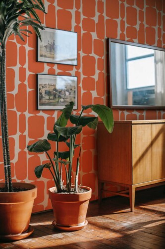 Fancy Walls traditional wallpaper inspired by mid-century orange abstract forms with a warm tone.