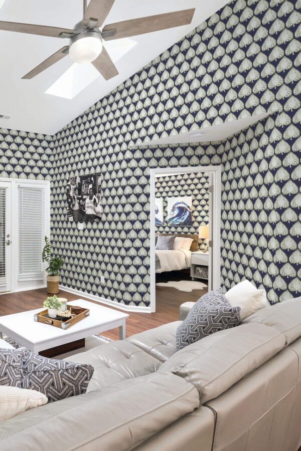 Coastal scandinavian style living room and bedroom decorated with Abstract palm peel and stick wallpaper