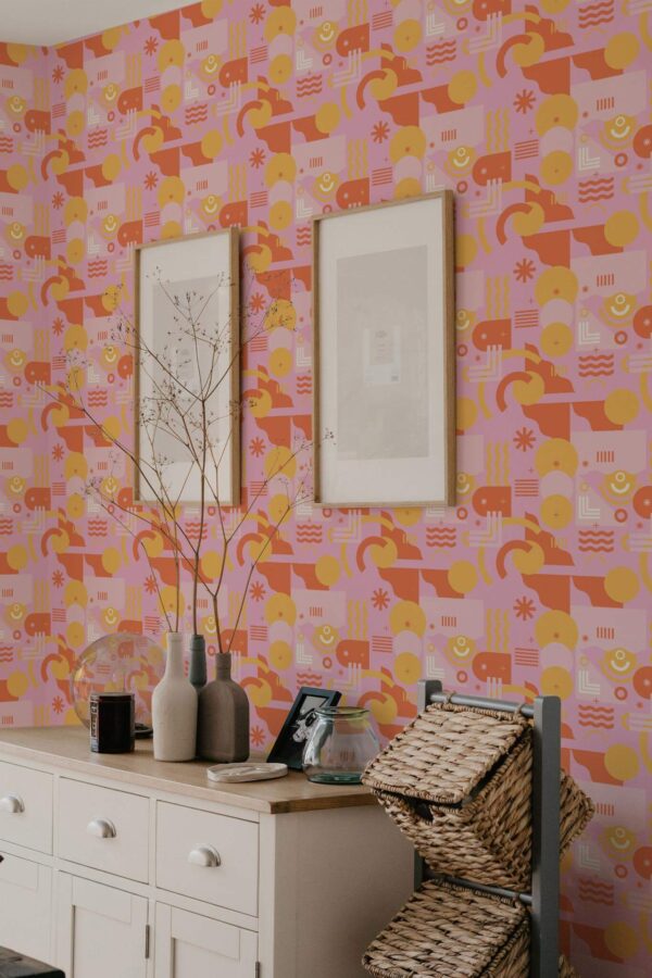 Scandinavian style bedroom decorated with Abstract pink geometric peel and stick wallpaper