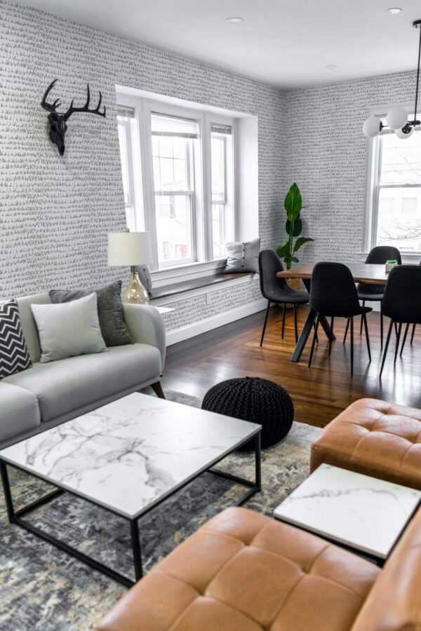 Mid-century modern scandinavian style living dining room decorated with Abstract short line peel and stick wallpaper
