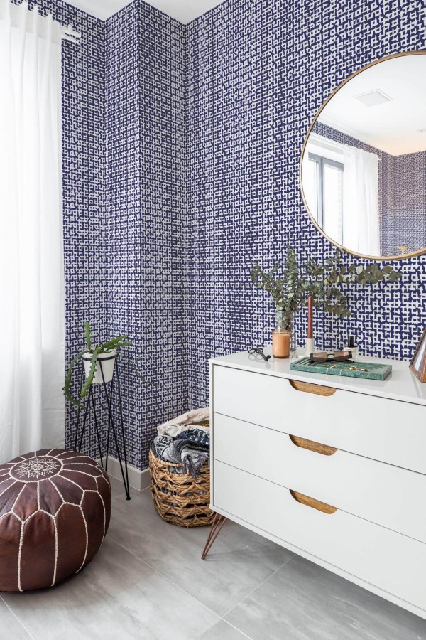 Scandinavian style bedroom decorated with Abstract square peel and stick wallpaper and Mediterranean accents