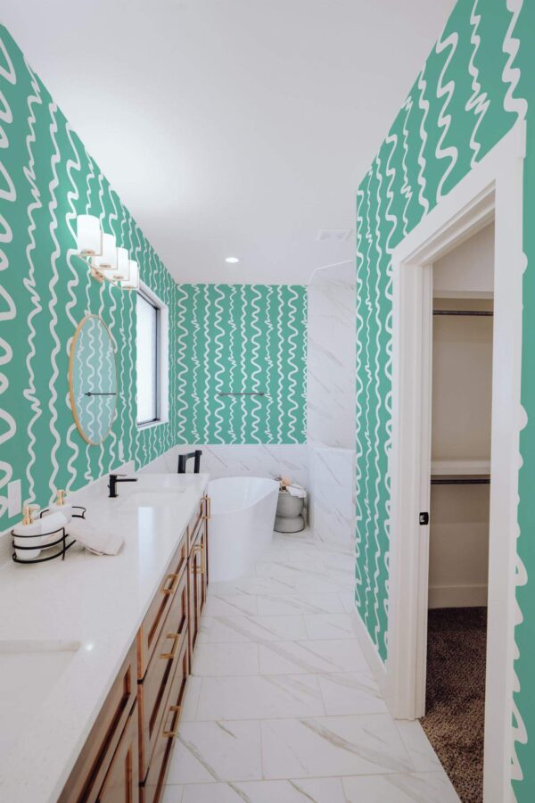 Light farmhouse style bathroom decorated with Abstract stripe peel and stick wallpaper
