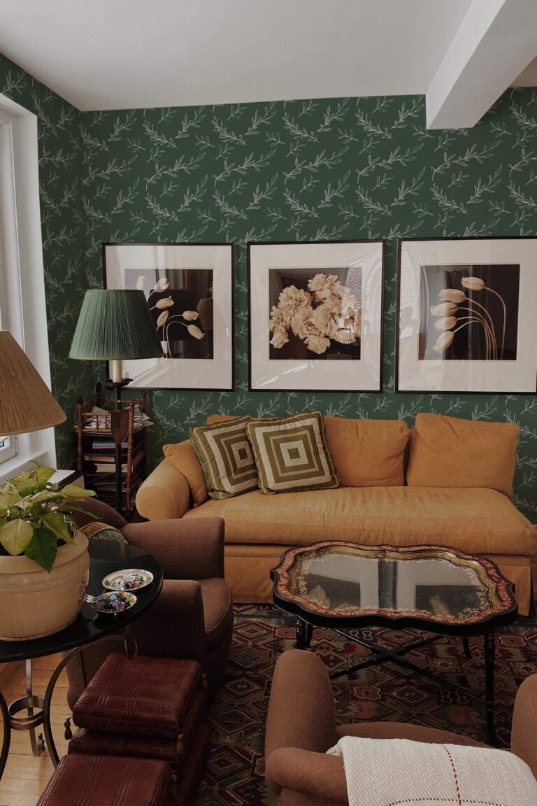 Mid-century eclectic style living room decorated with Aesthetic boho leaf peel and stick wallpaper