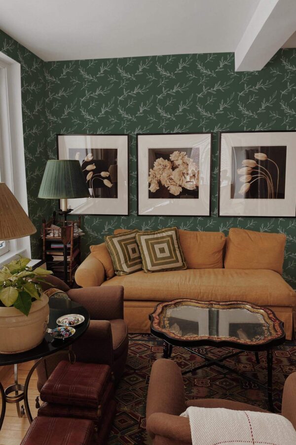 Mid-century eclectic style living room decorated with Aesthetic boho leaf peel and stick wallpaper
