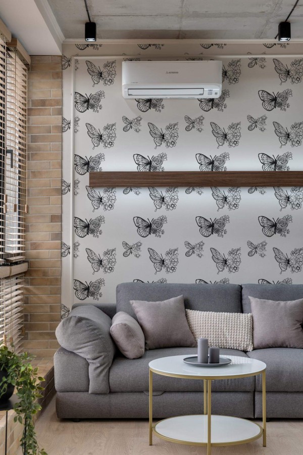 Scandinavian style living room decorated with Aesthetic butterfly peel and stick wallpaper