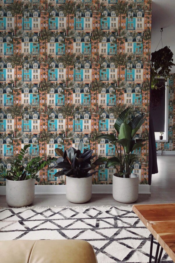 Scandinavian style living room decorated with Aesthetic city peel and stick wallpaper