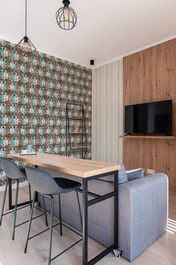 Scandinavian style open living room decorated with Aesthetic city peel and stick wallpaper
