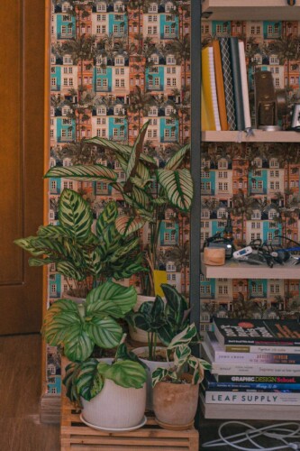 Southwestern style living room decorated with Aesthetic city peel and stick wallpaper