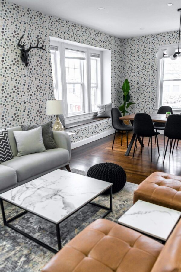 Mid-century modern scandinavian style living dining room decorated with Aesthetic dot peel and stick wallpaper