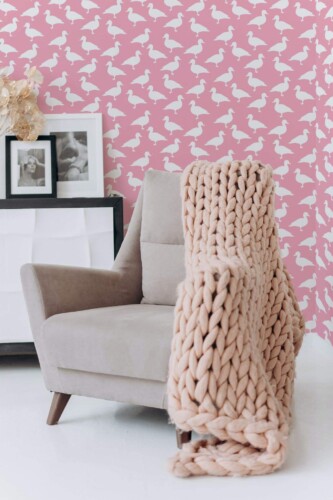 Boho style living room decorated with Aesthetic ducks peel and stick wallpaper