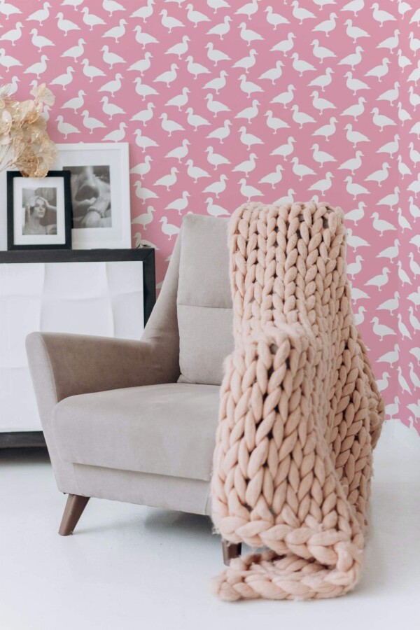 Boho style living room decorated with Aesthetic ducks peel and stick wallpaper