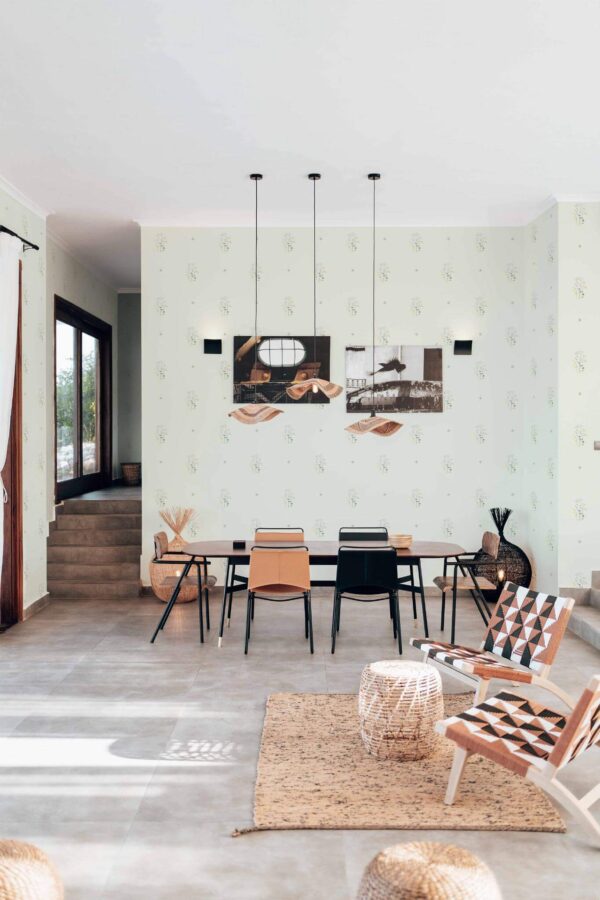 Modern boho style living dining room decorated with Aesthetic floral peel and stick wallpaper