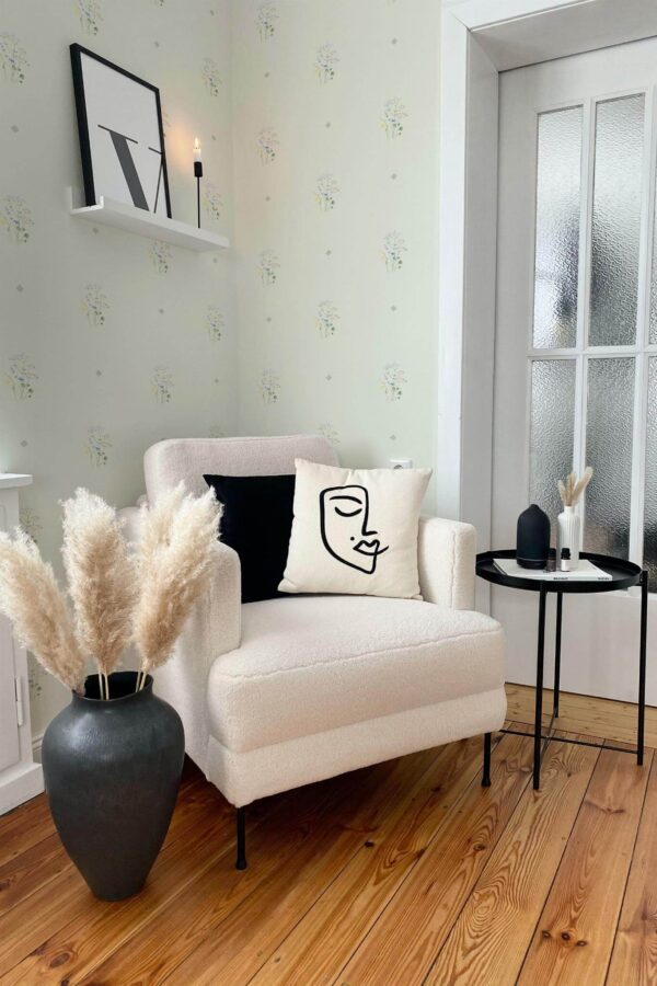 Modern boho style living room decorated with Aesthetic floral peel and stick wallpaper