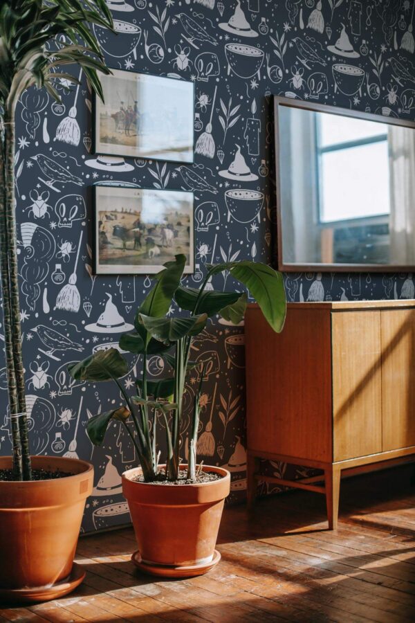 Mid-century modern style living room decorated with Aesthetic halloween elements peel and stick wallpaper