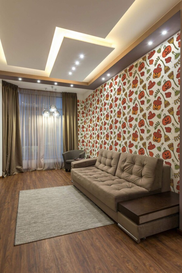 Modern Eastern European style living room decorated with Aesthetic halloween peel and stick wallpaper