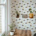 Farmhouse style home office decorated with Aesthetic hedgehog peel and stick wallpaper
