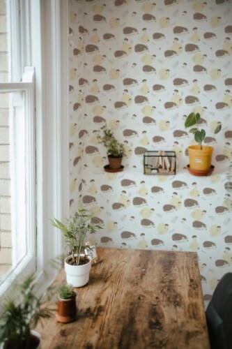Farmhouse style home office decorated with Aesthetic hedgehog peel and stick wallpaper