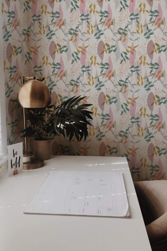 Rustic style home office decorated with Aesthetic leaf peel and stick wallpaper