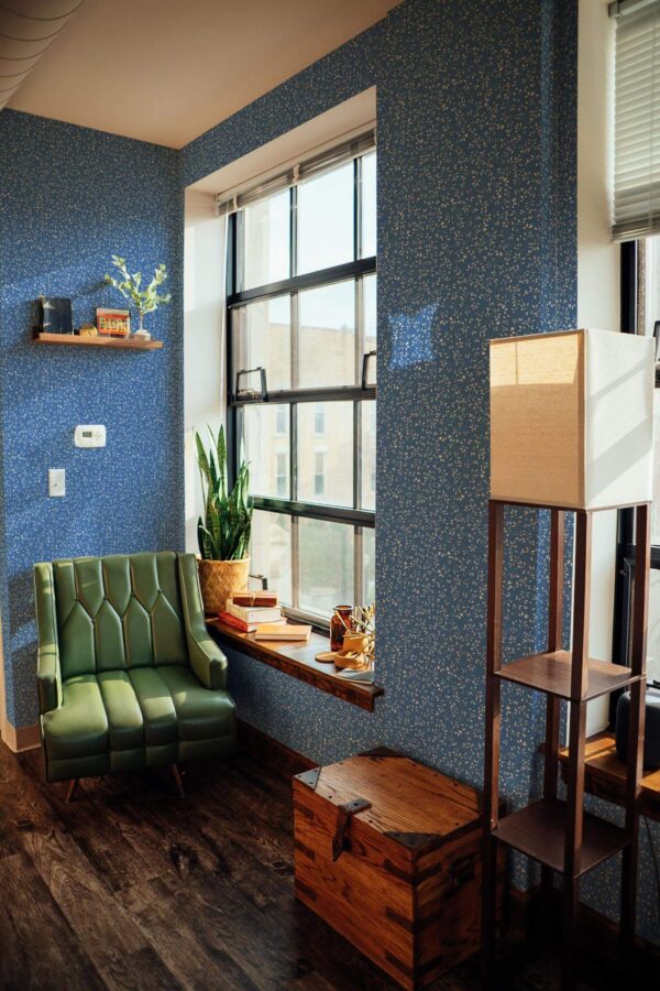 Mid-century style living room decorated with Aesthetic leaves peel and stick wallpaper