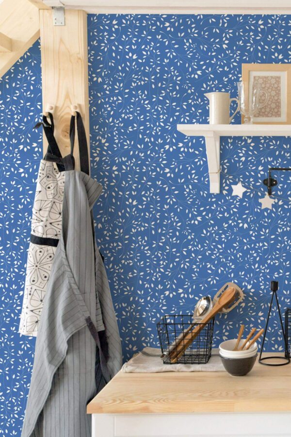 Minimal scandinavian style kitchen decorated with Aesthetic leaves peel and stick wallpaper
