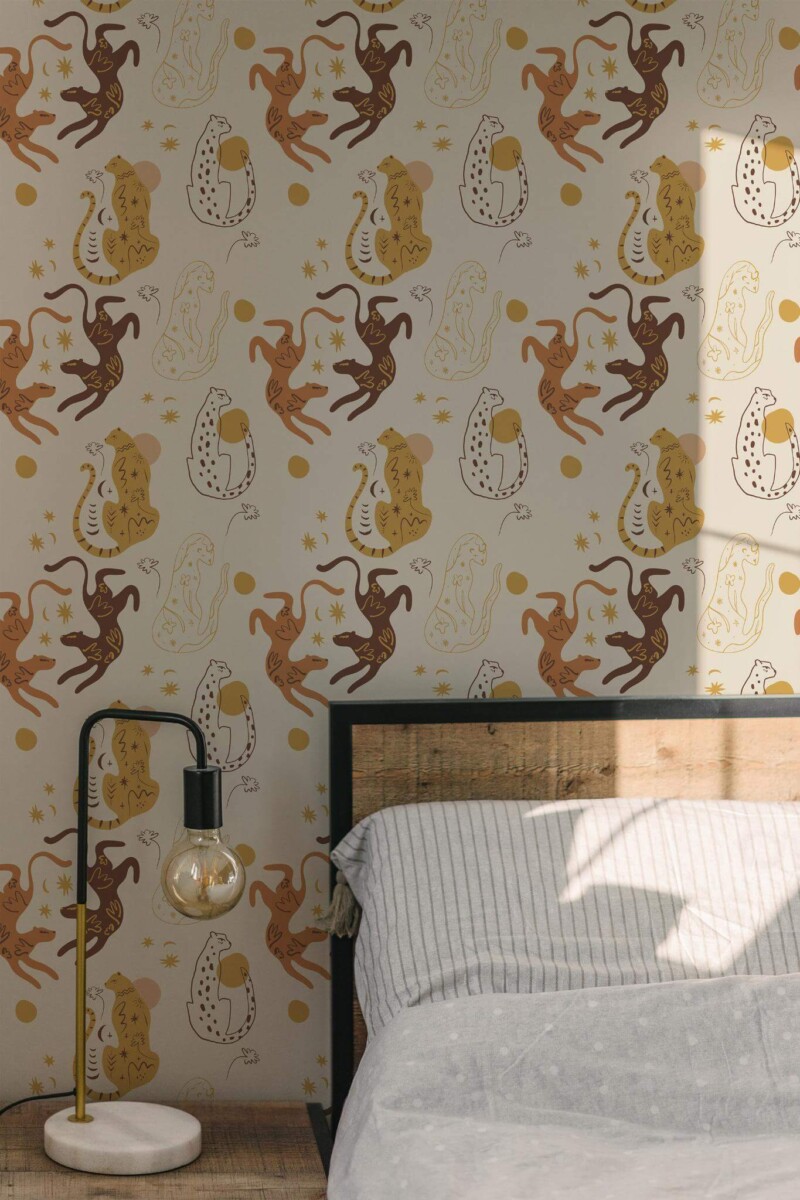 Minimal modern style bedroom decorated with Aesthetic leopard peel and stick wallpaper