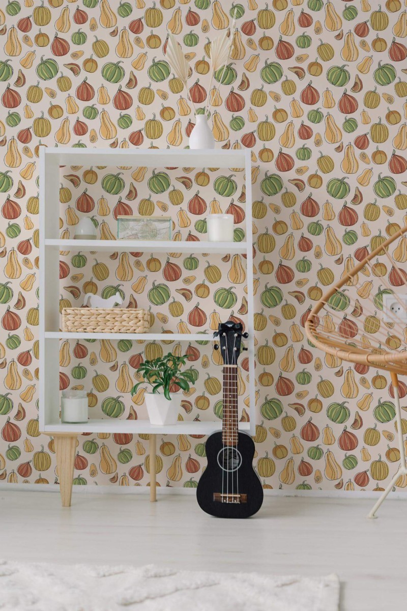Minimal boho style living room decorated with Aesthetic Pumpkin peel and stick wallpaper