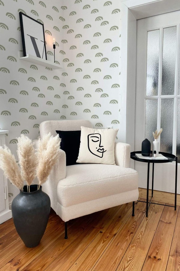 Modern boho style living room decorated with Aesthetic Rainbow peel and stick wallpaper