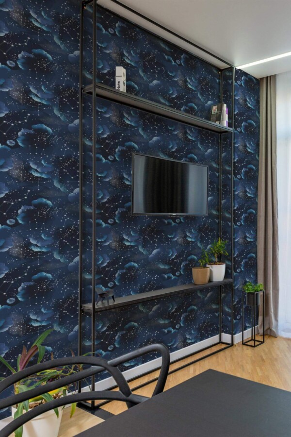 Self-adhesive blue stars wallpaper in industrial-style living room interior