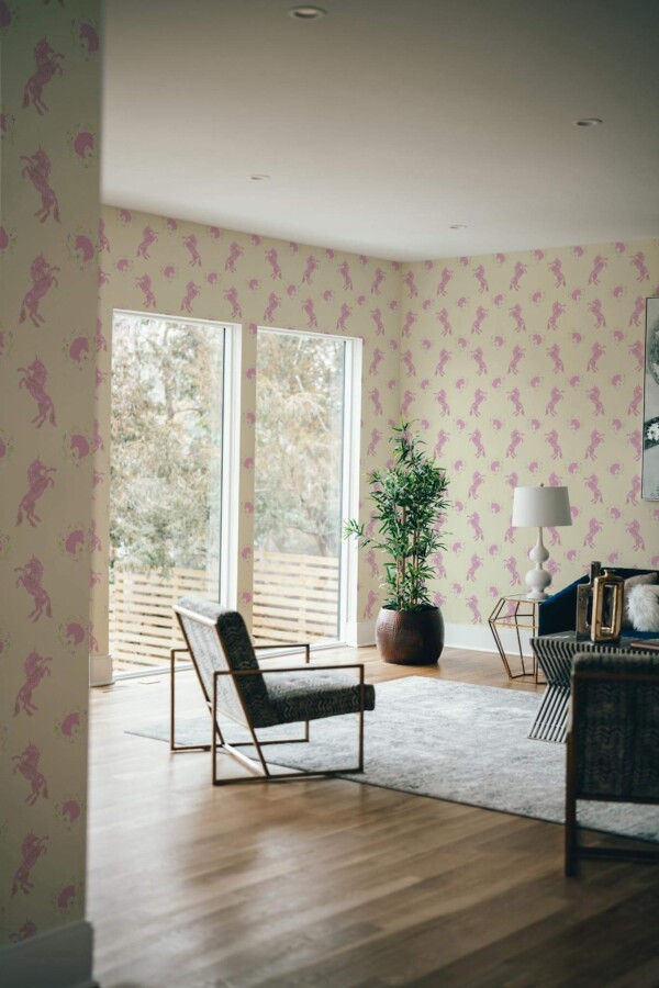 Modern style living room decorated with Aesthetic unicorn peel and stick wallpaper