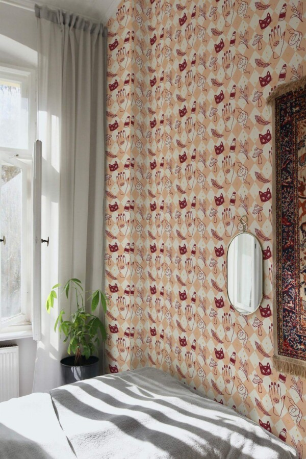 Bohemian style bedroom decorated with Aesthetic witch halloween peel and stick wallpaper