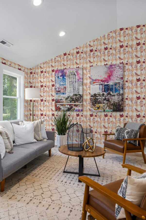 Mid-century modern style living room decorated with Aesthetic witch halloween peel and stick wallpaper and colorful funky artwork
