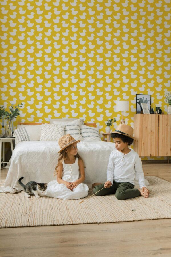 Scandinavian style bedroom decorated with Aesthetic yellow ducks peel and stick wallpaper