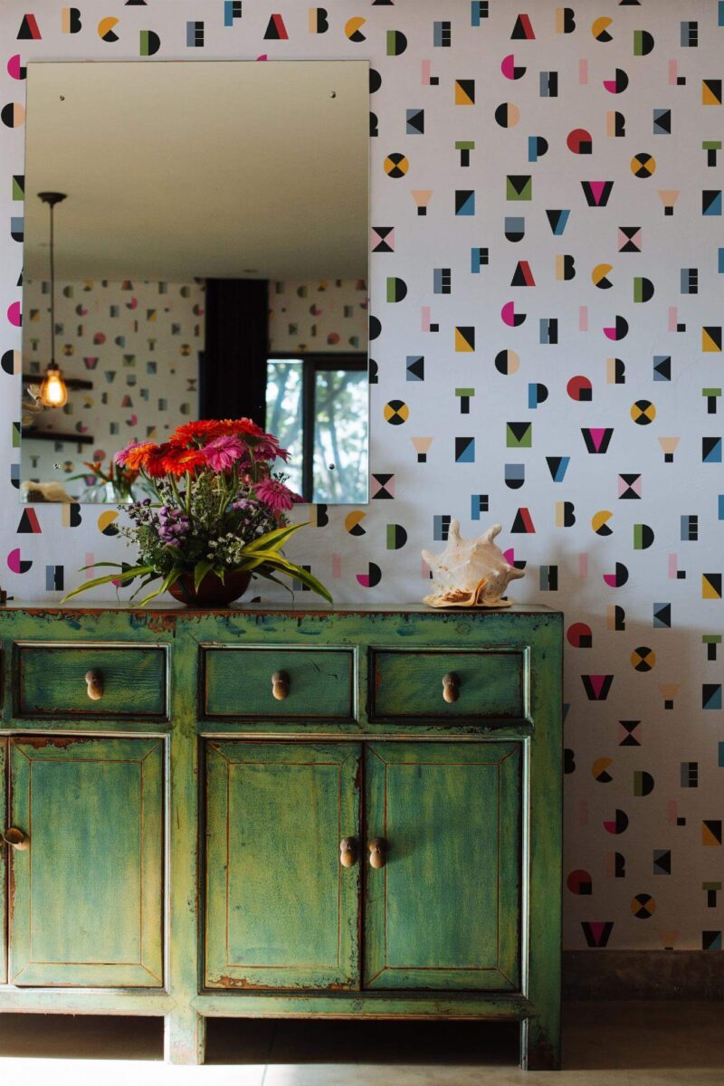 Industrial style living room decorated with Alphabet letters peel and stick wallpaper