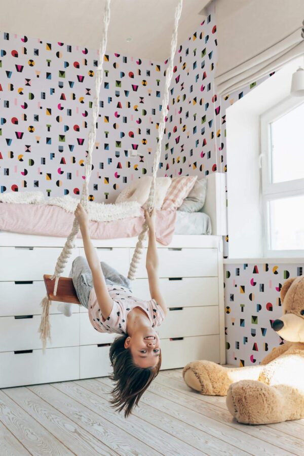 Minimal scandinavian style kids room decorated with Alphabet letters peel and stick wallpaper