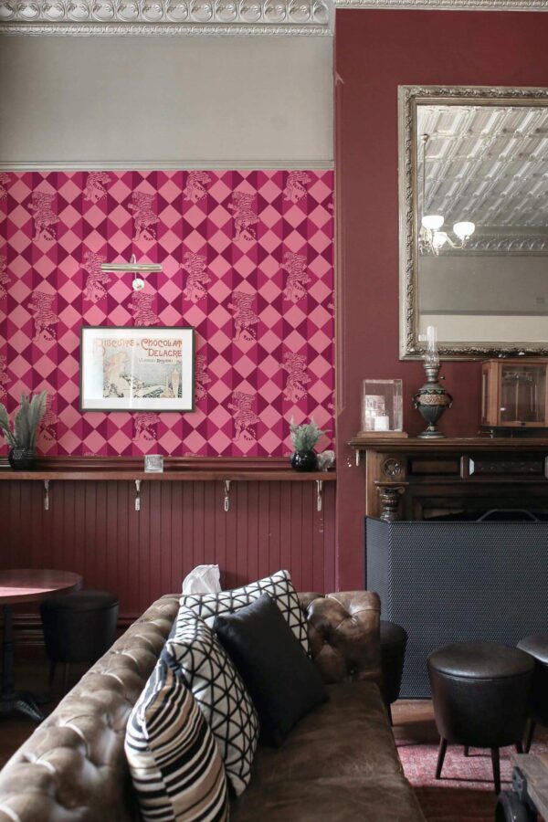 Rustic traditional style living room decorated with Angry tigers peel and stick wallpaper