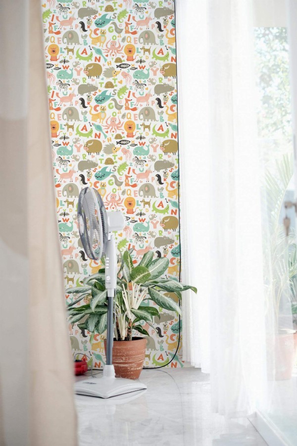 Minimal style living room decorated with Animal alphabet peel and stick wallpaper