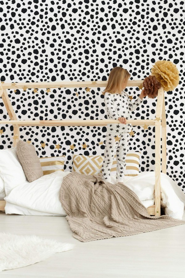 Bohemian style kids room decorated with Animal fur peel and stick wallpaper