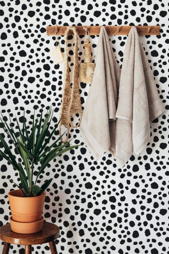 Boho style bathroom decorated with Animal fur peel and stick wallpaper