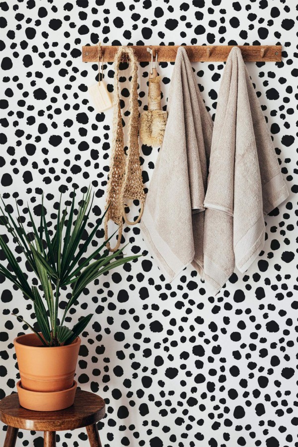 Boho style bathroom decorated with Animal fur peel and stick wallpaper