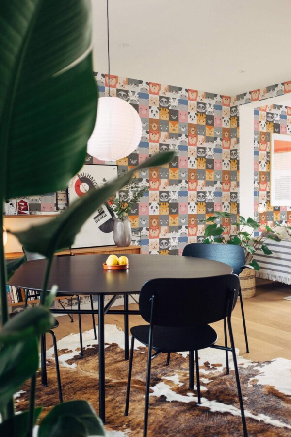 Scandinavian style dining room decorated with Animal pattern peel and stick wallpaper