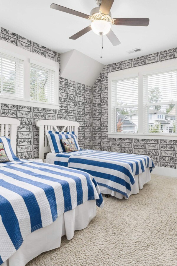 oastal style kids room decorated with Anime peel and stick wallpaper