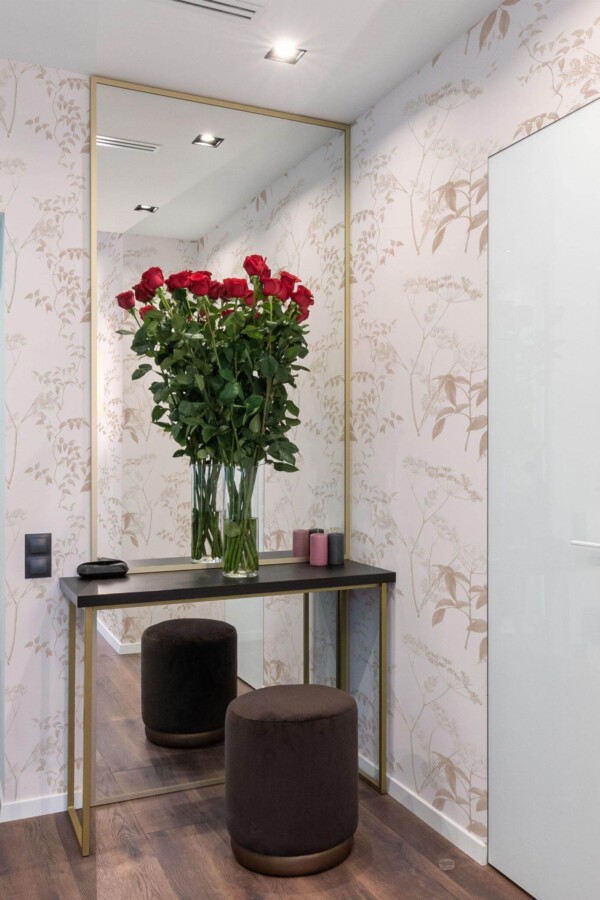 Minimal modern style powder room in a hallway decorated with Anthriscus peel and stick wallpaper