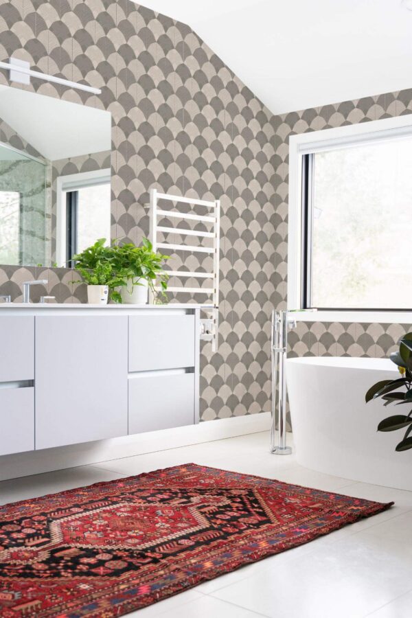Boho style bathroom decorated with Antique Art deco peel and stick wallpaper