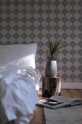 Minimal scandinavian style bedroom decorated with Antique Art deco peel and stick wallpaper